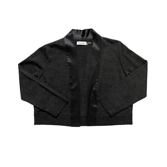 Calvin Klein Women’s Gray Wool Blend Cropped Open Front Cardigan With Ribbon Tri - Picture 5 of 5